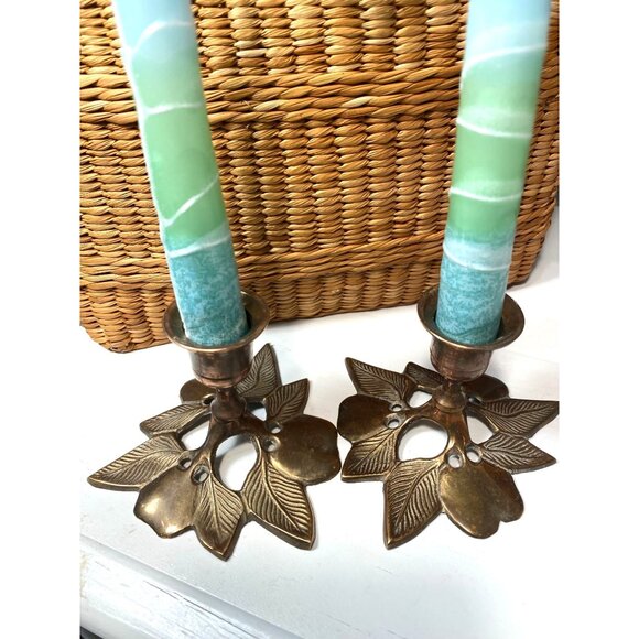 Leaf Design Brass Hand Crafted Candle Holder Set of 2 - Picture 5 of 6